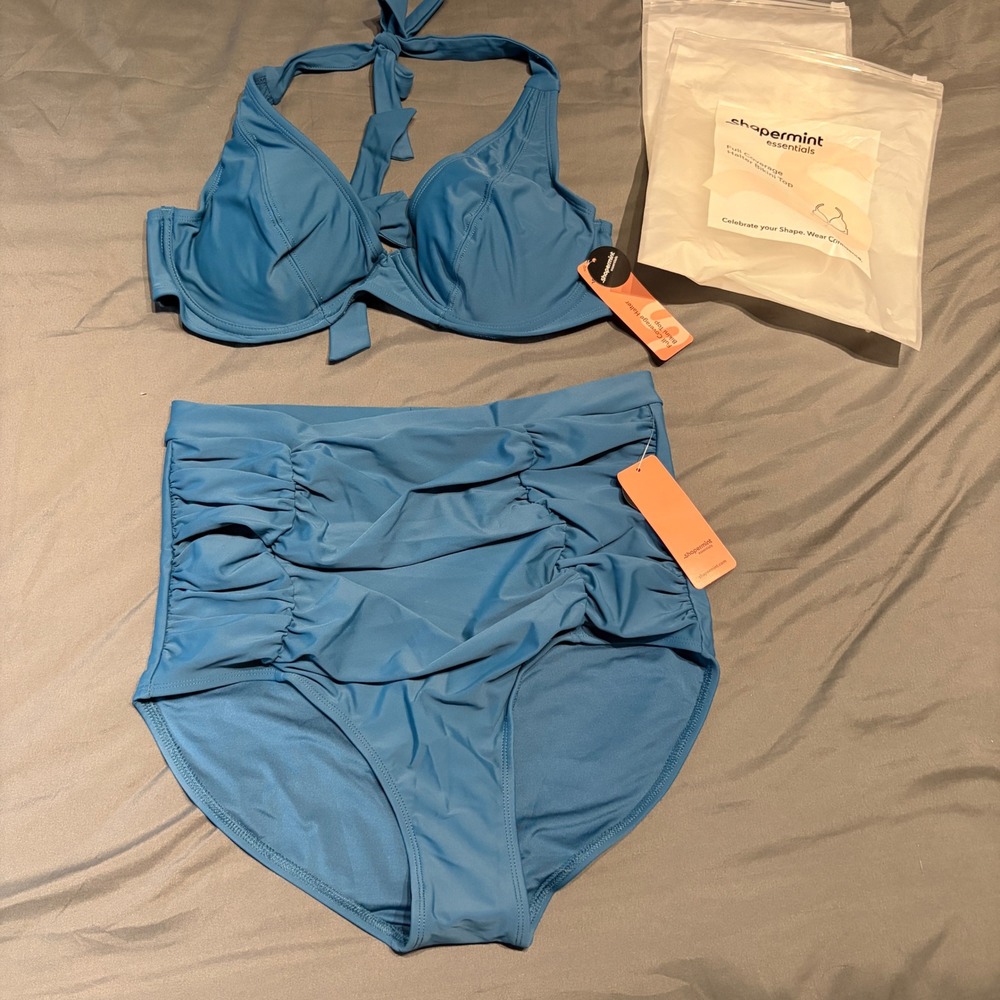 Shapermint Blue Halter Bikini Top & High Waisted Control Bottoms Set Size XL